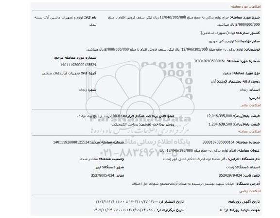 مزایده، لوازم یدکی به جمع مبلغ 12/046/395/000ّ ریال لیکن سقف فروش اقلام تا مبلغ 8/000/000/000ریال میباشد.