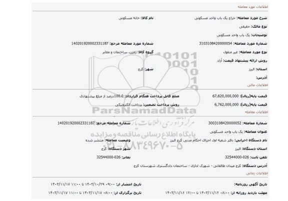 مزایده، یک باب واحد مسکونی