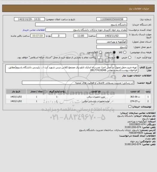 استعلام تهیه،خرید،حمل،تحویل در محل اجرا، نصب،راه اندازی تابلو برق مجتمع کلاس درس شهید آیت ا... رئیسی دانشگاه یاسوج(مطابق فراخوان پیوست)شماره تماس 09177419348