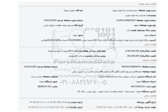 مزایده، تعدادی بدنه انواع خودرو