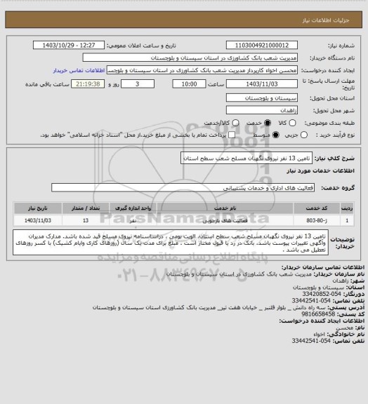 استعلام تامین 13 نفر نیروی نگهبان مسلح شعب سطح استان