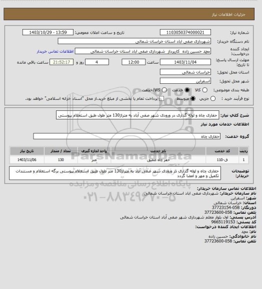 استعلام حفاری چاه و لوله گذاری در ورودی شهر صفی آباد به متراژ130 متر طول طبق استعلام پیوستی