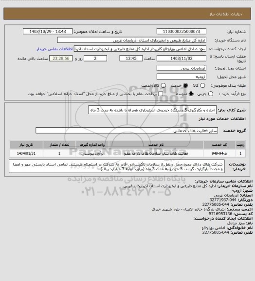 استعلام اجاره و بکارگیری 5 دستگاه خودروی استیجاری همراه با راننده به مدت 3 ماه