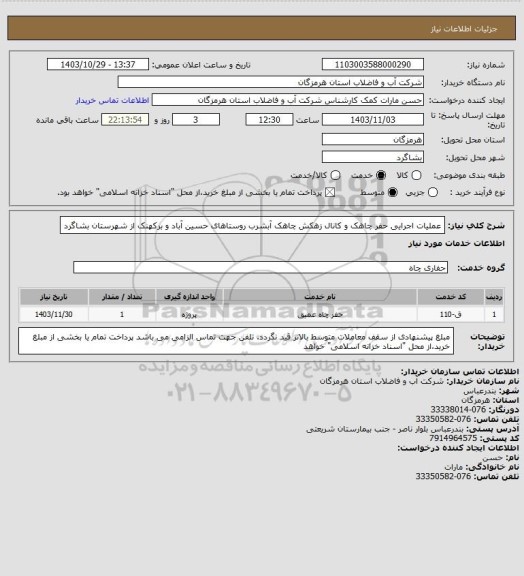 استعلام عملیات اجرایی حفر چاهک و کانال زهکش چاهک آبشرب روستاهای حسین آباد و برکهنک از شهرستان بشاگرد