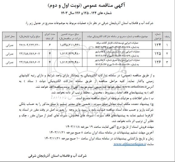 مناقصه عملیات اجرایی توسعه قنات و ... 