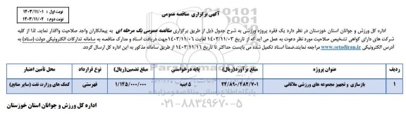 مناقصه بازسازی و تجهیز مجموعه های ورزشی ملاثانی