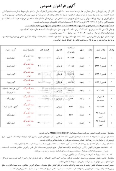 فراخوان واگذاری تعداد 9 قطعه زمین