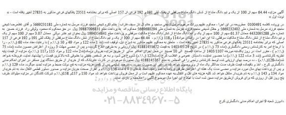 مزایده شش دانگ مشاع سرقفلی از پلاک ثبتی 191 و 192 فرعی از 157 اصلی