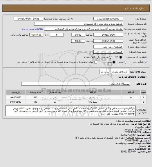 استعلام خریدکابل آرمردار و سرب دار