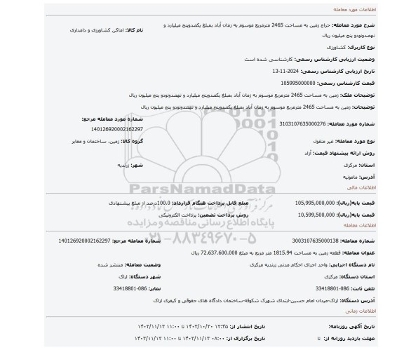 مزایده، زمین به مساحت 2465 مترمربع موسوم به زمان آباد بمبلغ یکصدوپنج میلیارد و نهصدونودو پنج میلیون ریال