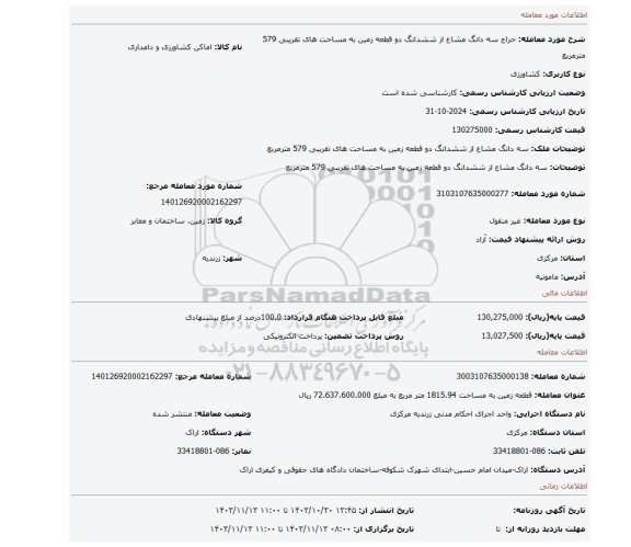 مزایده، سه دانگ مشاع از ششدانگ دو قطعه زمین به مساحت های تقریبی 579 مترمربع