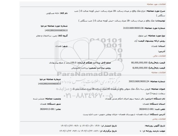 مزایده، ملک واقع در میدان رسالت -18 متری رسالت –نبش کوچه عدالت 3-( جنب سنگکی )