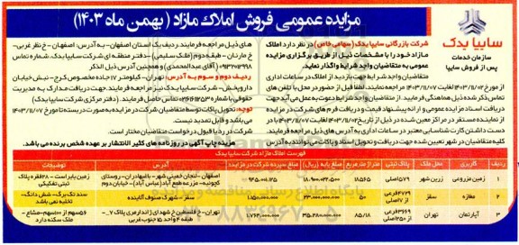 مزایده عمومی فروش املاک مازاد 
