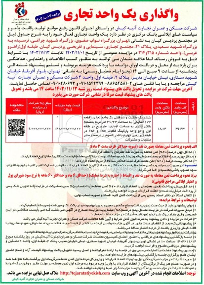 مزایده واگذاری یک واحد تجاری