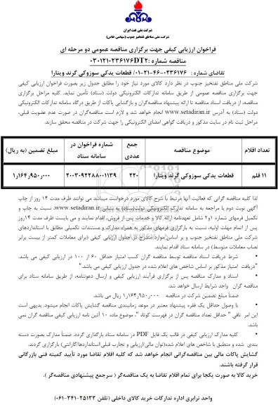 فراخوان ارزیابی کیفی مناقصه قطعات یدکی سوزوکی گرند ویتارا