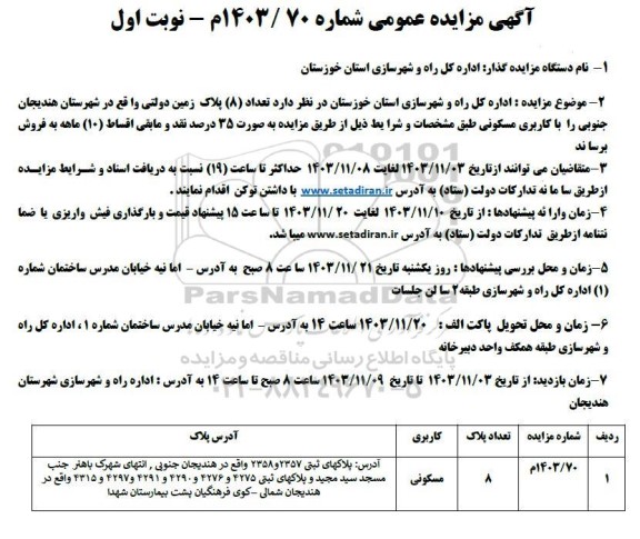 مزایده فروش 8 پلاک زمین دولتی