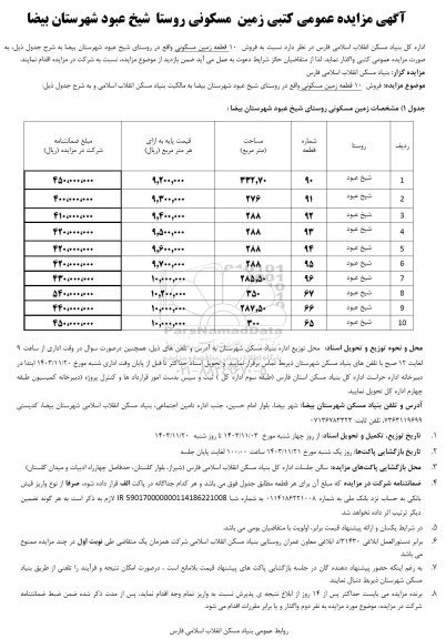مزایده فروش 10 قطعه زمین مسکونی
