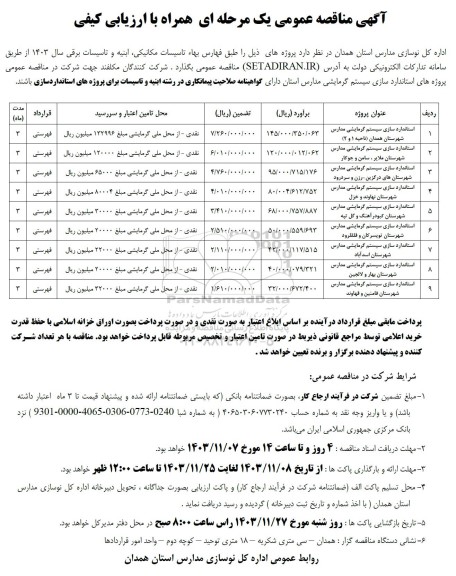 مناقصه استانداردسازی سیستم گرمایشی مدارس ...