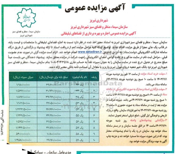 مزایده عمومی اجاره و بهره برداری از فضاهای تبلیغاتی، در قالب پک های مجزا