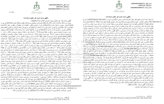 مزایده میزان دو دانگ مشاع از شش دانگ یک قطعه آپارتمان مسکونی نوع ملک طلق به پلاک ثبتی 207992 فرعی از 4476 اصلی