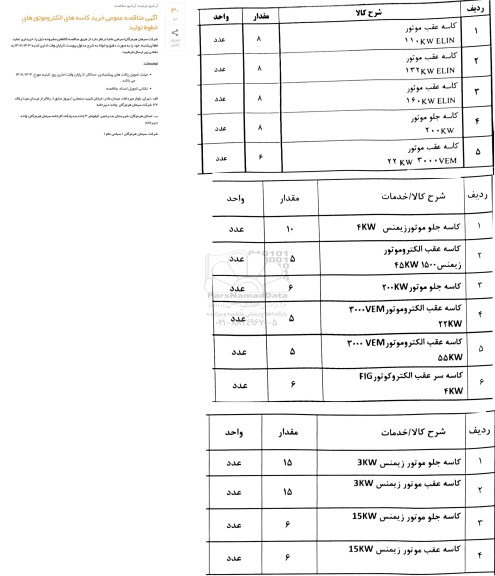 مناقصه عمومی خرید کاسه های الکتروموتورهای خطوط تولید 