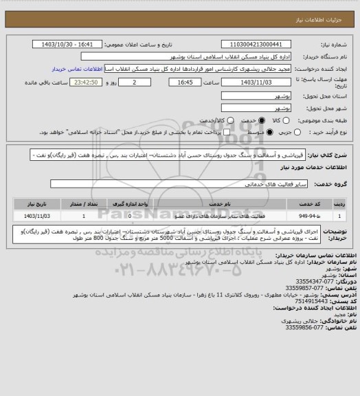 استعلام قیرپاشی و آسفالت و سنگ جدول روستای حسن آباد دشتستان– اعتبارات بند ,س , تبصره هفت (قیر رایگان)و نفت -