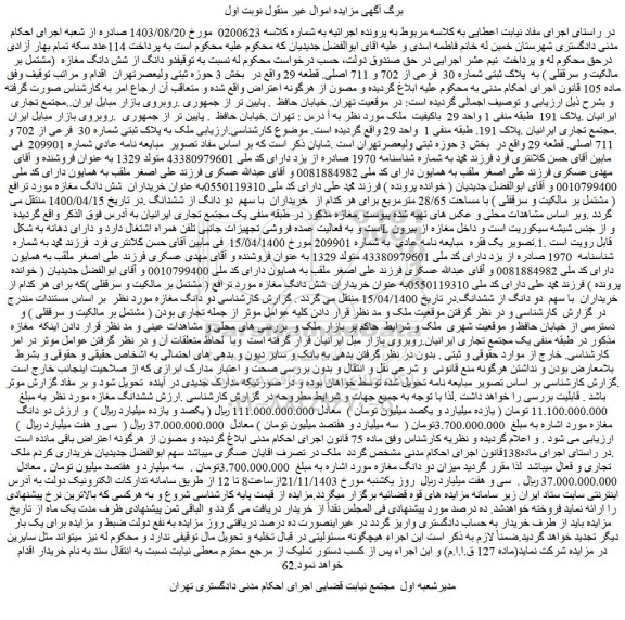 مزایده دو دانگ از شش دانگ مغازه (مشتمل بر مالکیت و سرقفلی ) به پلاک ثبتی شماره 30 فرعی از 702 و 711 اصلی. قطعه 29