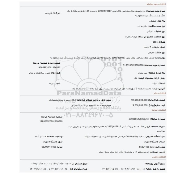 مزایده، فروش ملک مشاعی پلاک ثبتی 2395/419817  به مقدار 2/105 هزارم دانگ از یک دانگ از ششدانگ  بابت محکوم به
