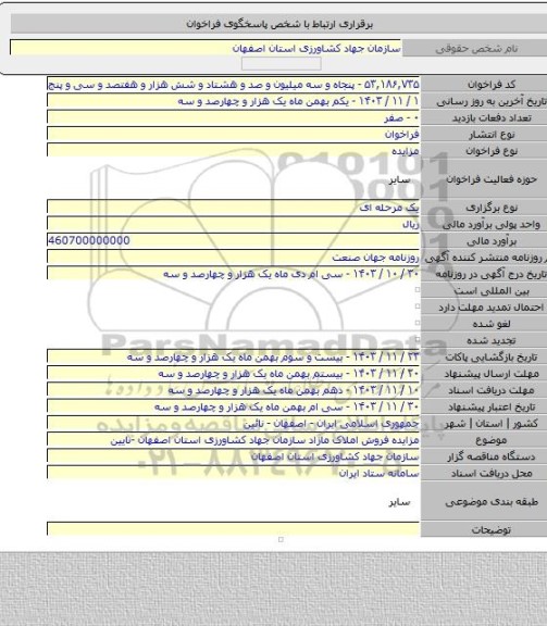 مزایده, مزایده فروش املاک مازاد سازمان جهاد کشاورزی استان اصفهان -نایین