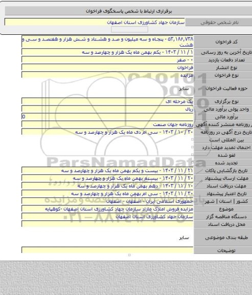 مزایده, مزایده فروش املاک مازاد سازمان جهاد کشاورزی استان اصفهان -کوهپایه