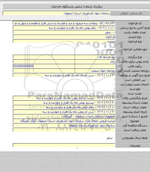 مزایده, مزایده فروش املاک مازاد سازمان جهاد کشاورزی استان اصفهان -گوگد گلپایگان