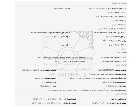 مزایده، دستور فروش ملک مشاعی