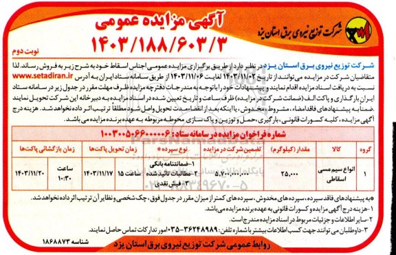 مزایده انواع سیم مسی اسقاطی- نوبت دوم
