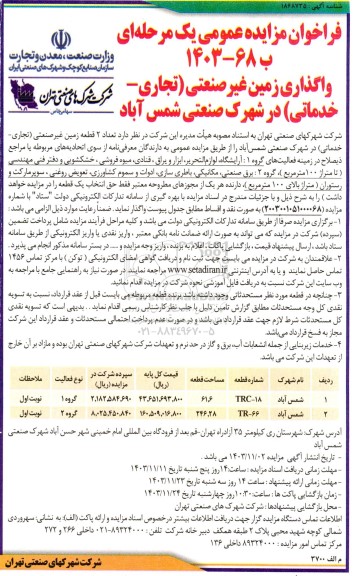 مزایده واگذاری زمین غیر صنعتی تجاری خدماتی در شهرک صنعتی