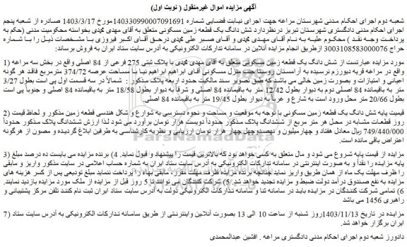 مزایده شش دانگ یک قطعه زمین مسکونی