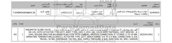 استعلام انواع شیرها واکچویتورهای ابزاردقیقی وقطعات مربوطه
