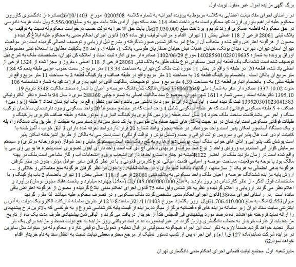 مزایده ششدانگ عرصه و اعیان ملک واحد مسکونی به پلاک ثبتی 28061 فرعی از 118 اصلی