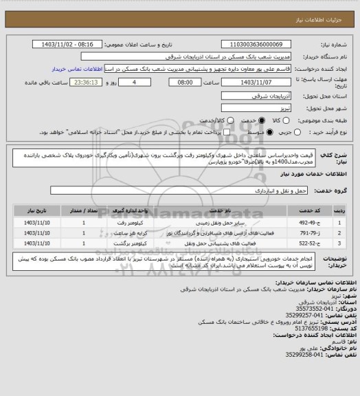 استعلام قیمت واحدبراساس ساعتی داخل شهری وکیلومتر رفت وبرگشت برون شهری(تأمین وبکارگیری خودروی پلاک شخصی باراننده مجرب،مدل1400و به بالا)صرفا"خودرو پژوپارس