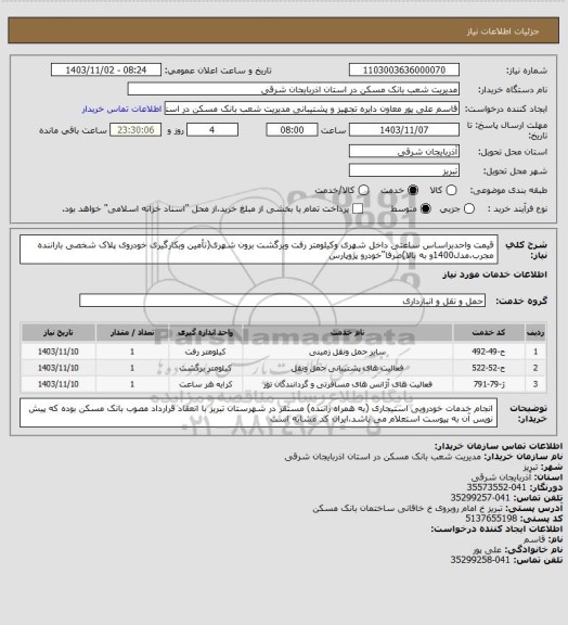 استعلام قیمت واحدبراساس ساعتی داخل شهری وکیلومتر رفت وبرگشت برون شهری(تأمین وبکارگیری خودروی پلاک شخصی باراننده مجرب،مدل1400و به بالا)صرفا"خودرو پژوپارس