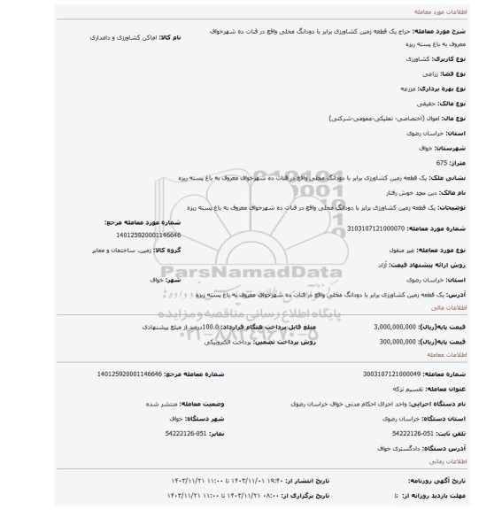 مزایده، یک قطعه زمین کشاورزی برابر با دودانگ محلی واقع در قنات ده شهرخواف معروف به باغ پسته ریزه