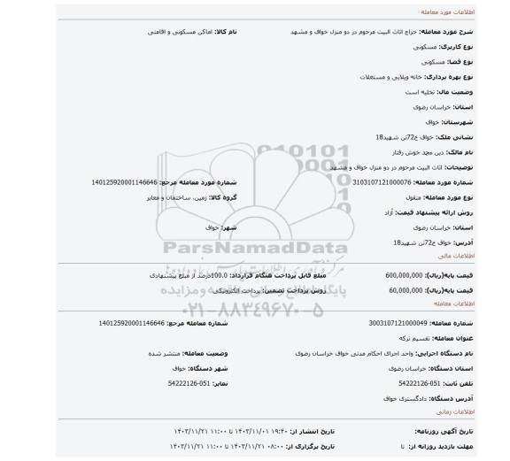 مزایده، اثاث البیت مرحوم در دو منزل خواف و مشهد