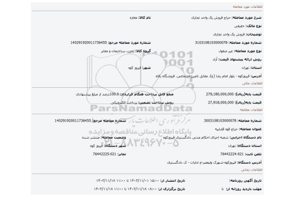 مزایده، فروش یک واحد تجاری