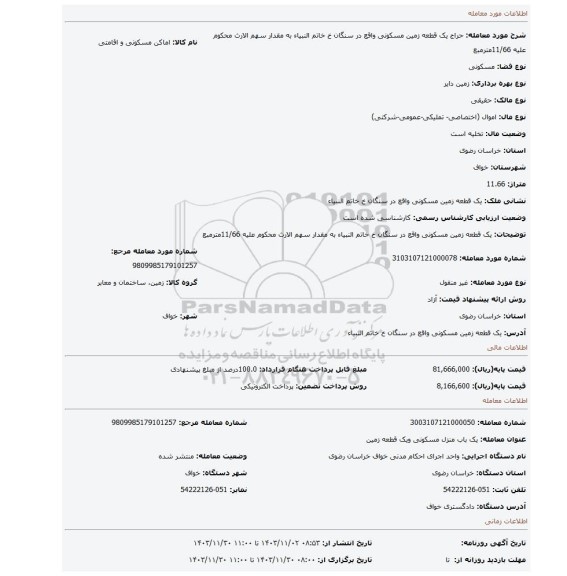 مزایده، یک قطعه زمین مسکونی واقع در سنگان خ خاتم النبیاء به مقدار سهم الارث محکوم علیه 11/66مترمبع