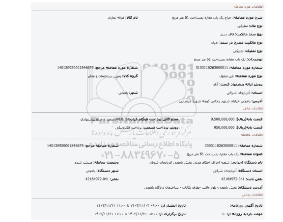 مزایده، یک باب مغازه بمساحت 61 متر مربع