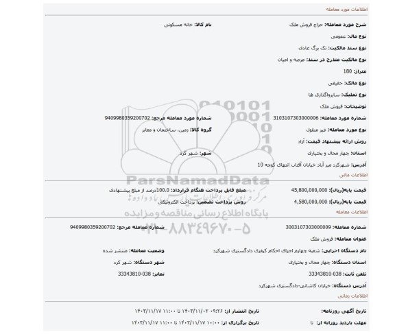 مزایده، فروش ملک