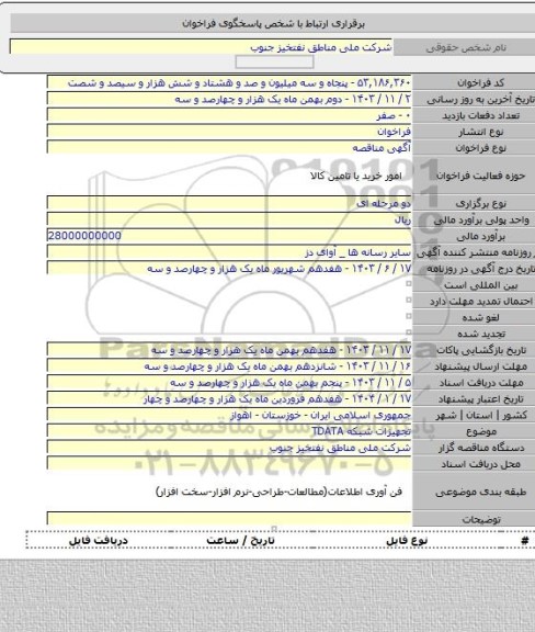 مناقصه, تجهیزات شبکه TDATA
