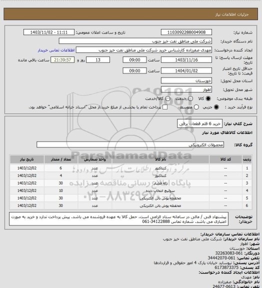 استعلام خرید 6 قلم قطعات برقی