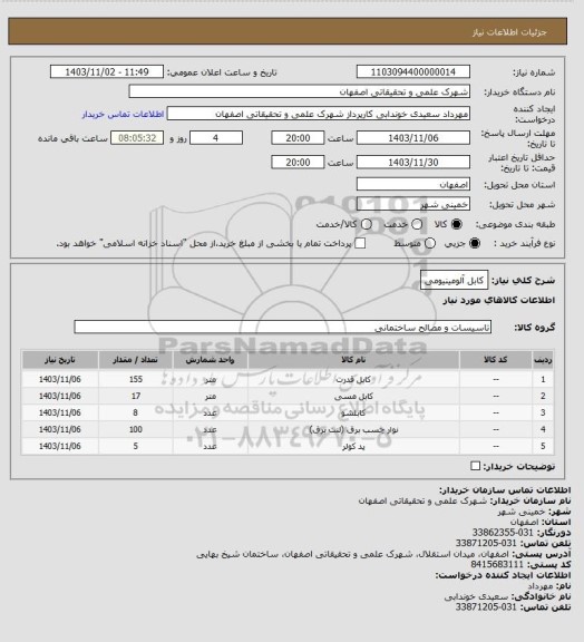 استعلام کابل آلومینیومی