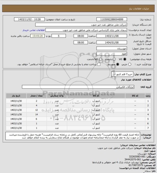 استعلام خرید7 قلم کنتور آب