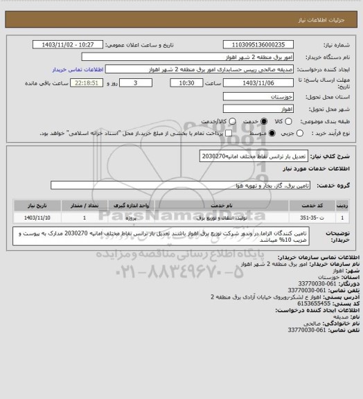 استعلام تعدیل بار ترانس  نقاط مختلف امانیه2030270